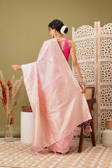 Light Pink Linen Woven Thread Banarasi Saree