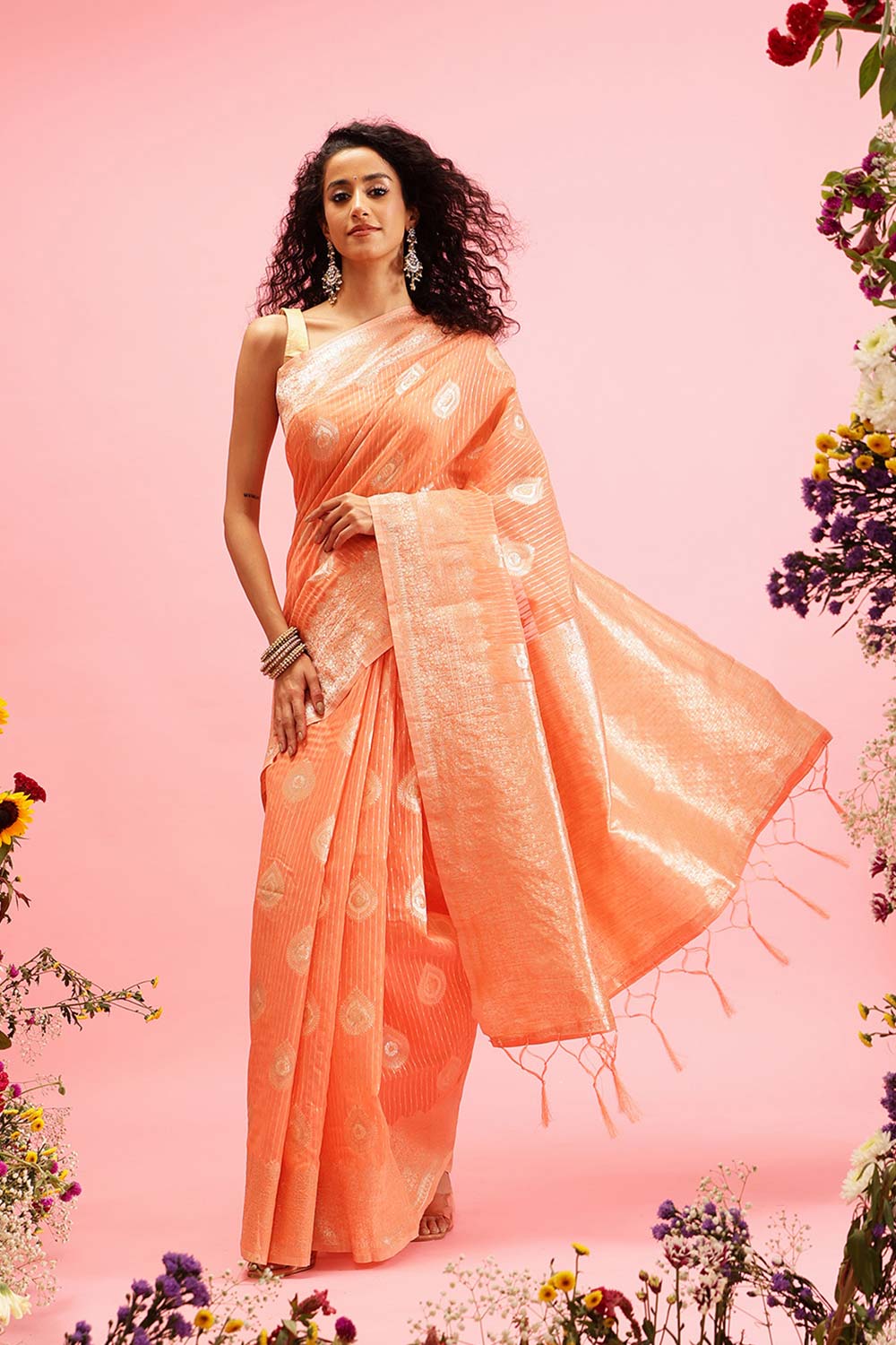 Peach Linen Woven Thread Banarasi Saree