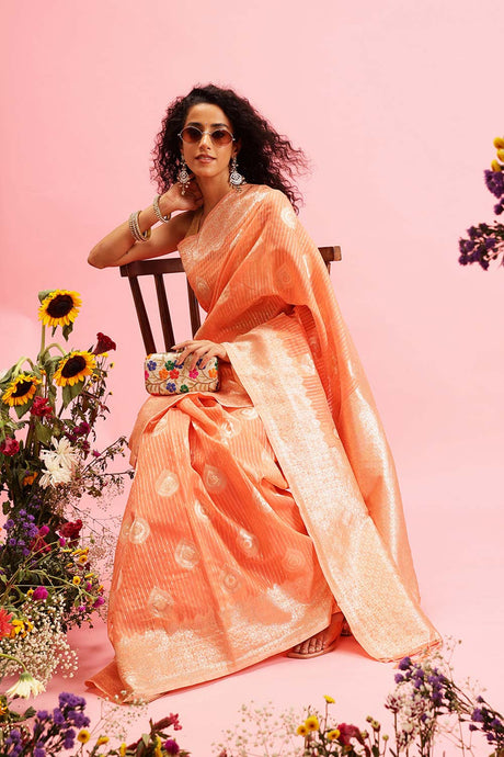 Peach Linen Woven Thread Banarasi Saree