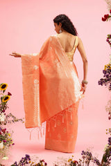 Peach Linen Woven Thread Banarasi Saree