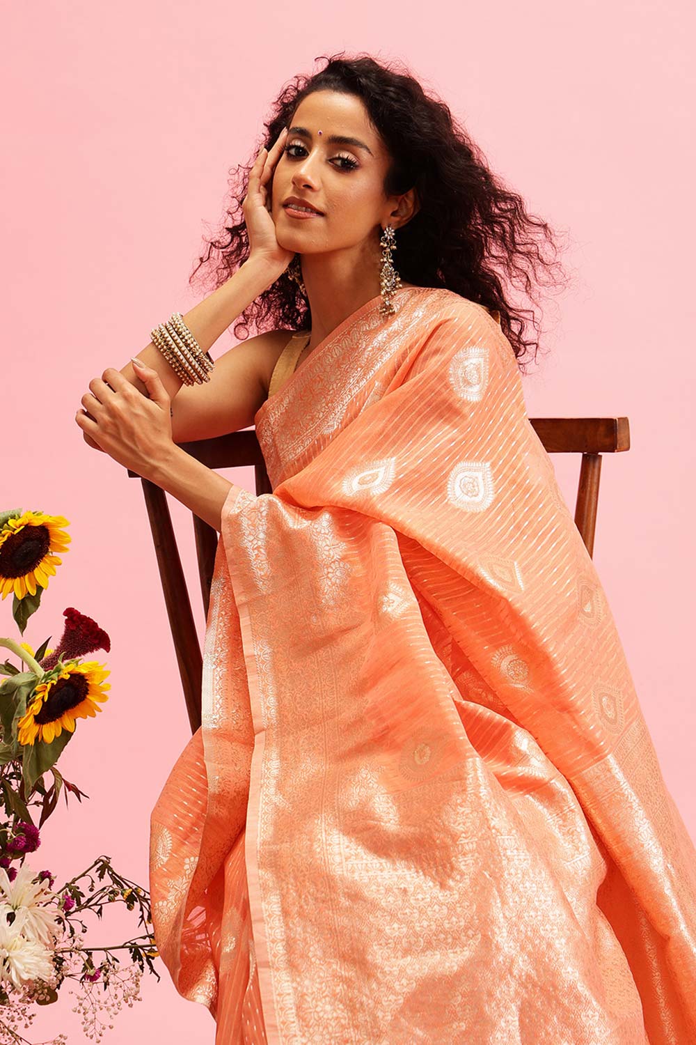 Peach Linen Woven Thread Banarasi Saree