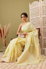 Yellow Linen Woven Thread Banarasi Saree