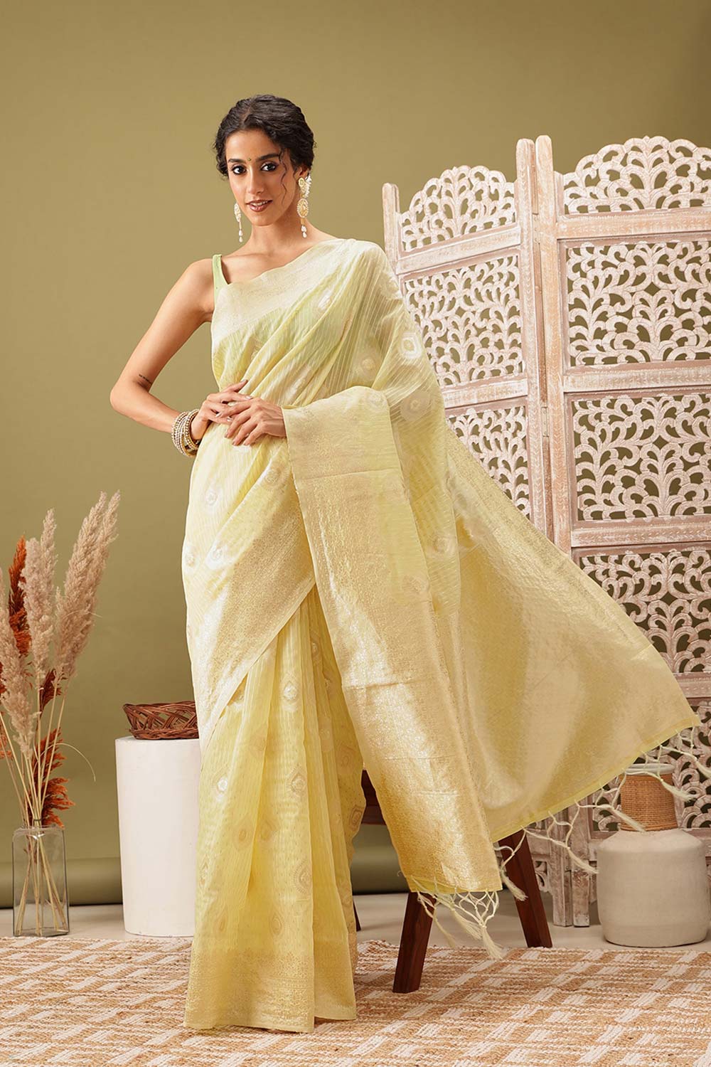 Yellow Linen Woven Thread Banarasi Saree