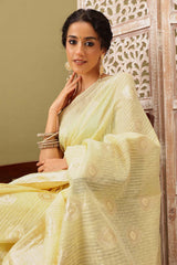 Yellow Linen Woven Thread Banarasi Saree