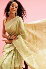 Green Linen Woven Thread Banarasi Saree