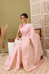 Light Pink Linen Woven Thread Banarasi Saree