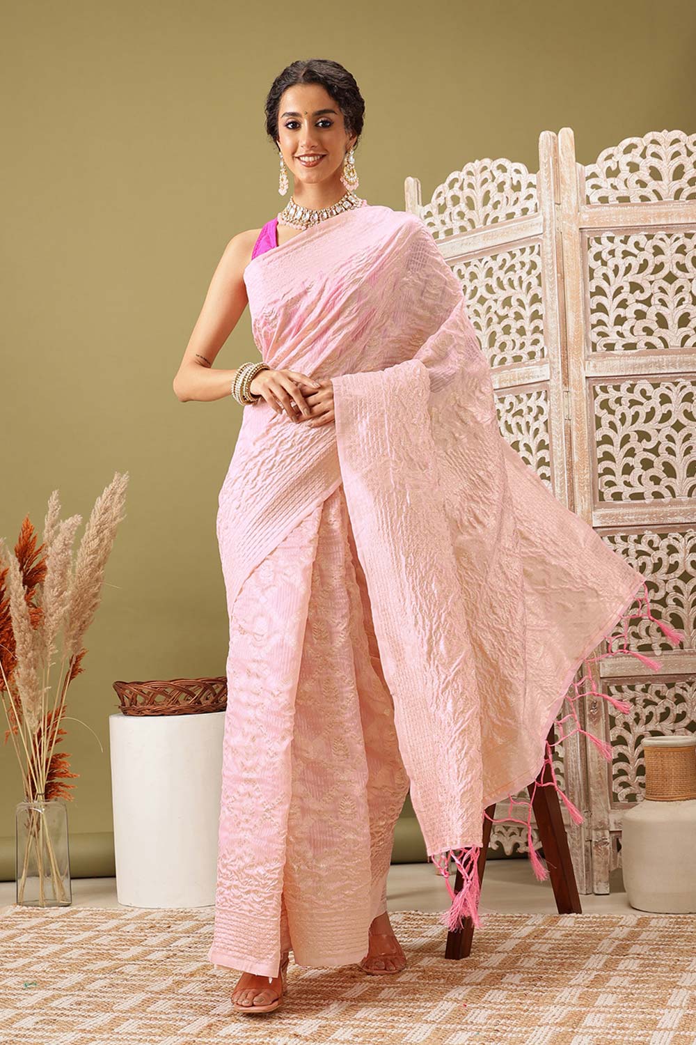 Light Pink Linen Woven Thread Banarasi Saree