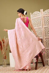 Light Pink Linen Woven Thread Banarasi Saree