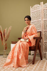 Peach Linen Woven Thread Banarasi Saree