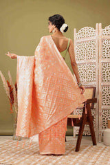 Peach Linen Woven Thread Banarasi Saree