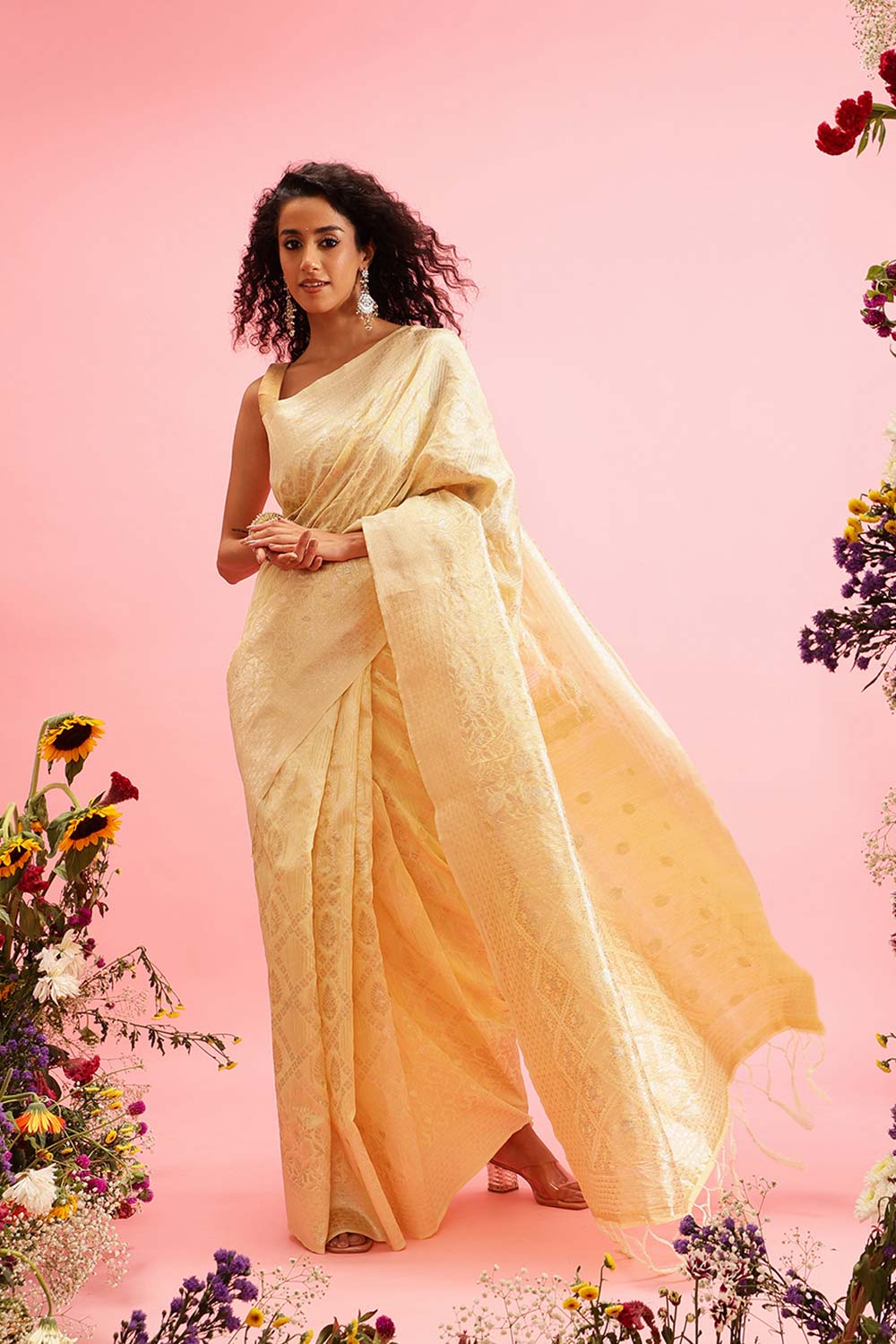 Yellow Linen Woven Thread Banarasi Saree