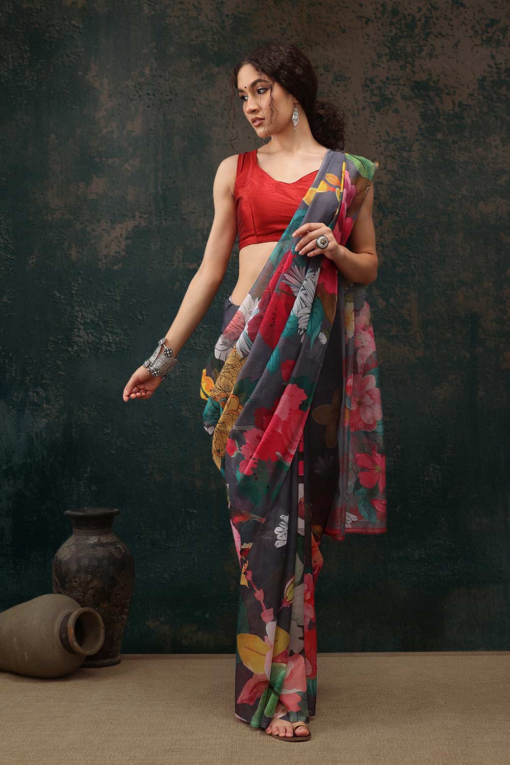 Grey Polyester Printed Saree