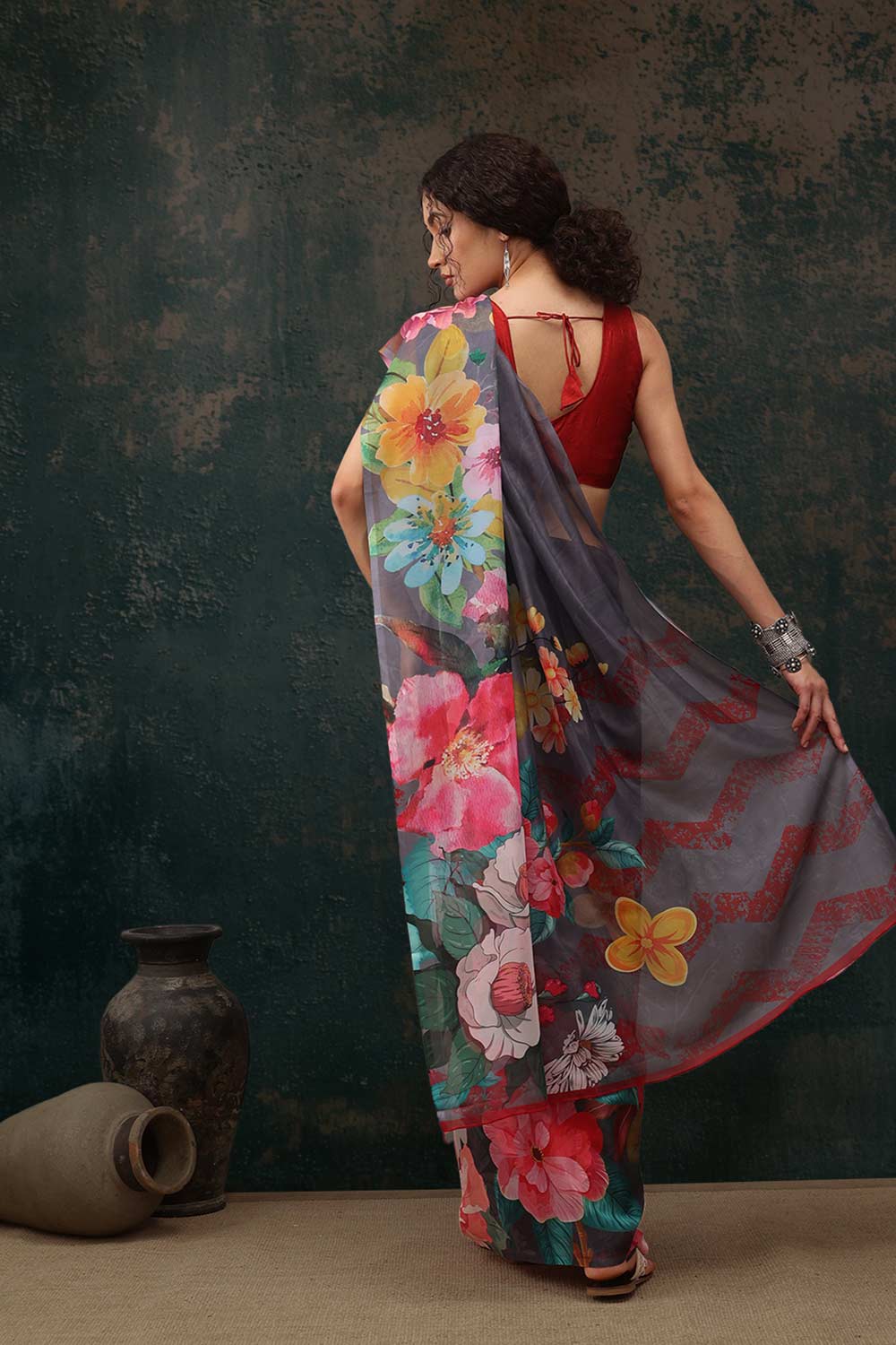 Grey Polyester Printed Saree