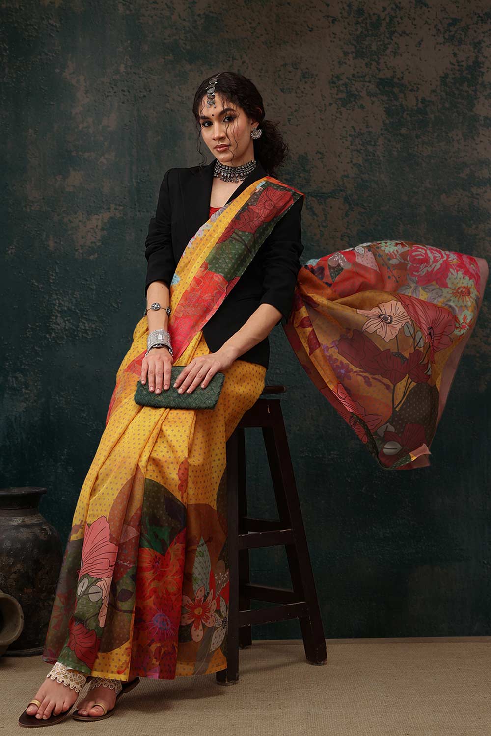 Mustard Polyester Printed Saree