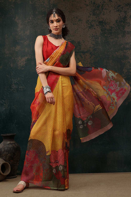 Mustard Polyester Printed Saree