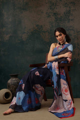 Navy Blue Polyester Printed Saree