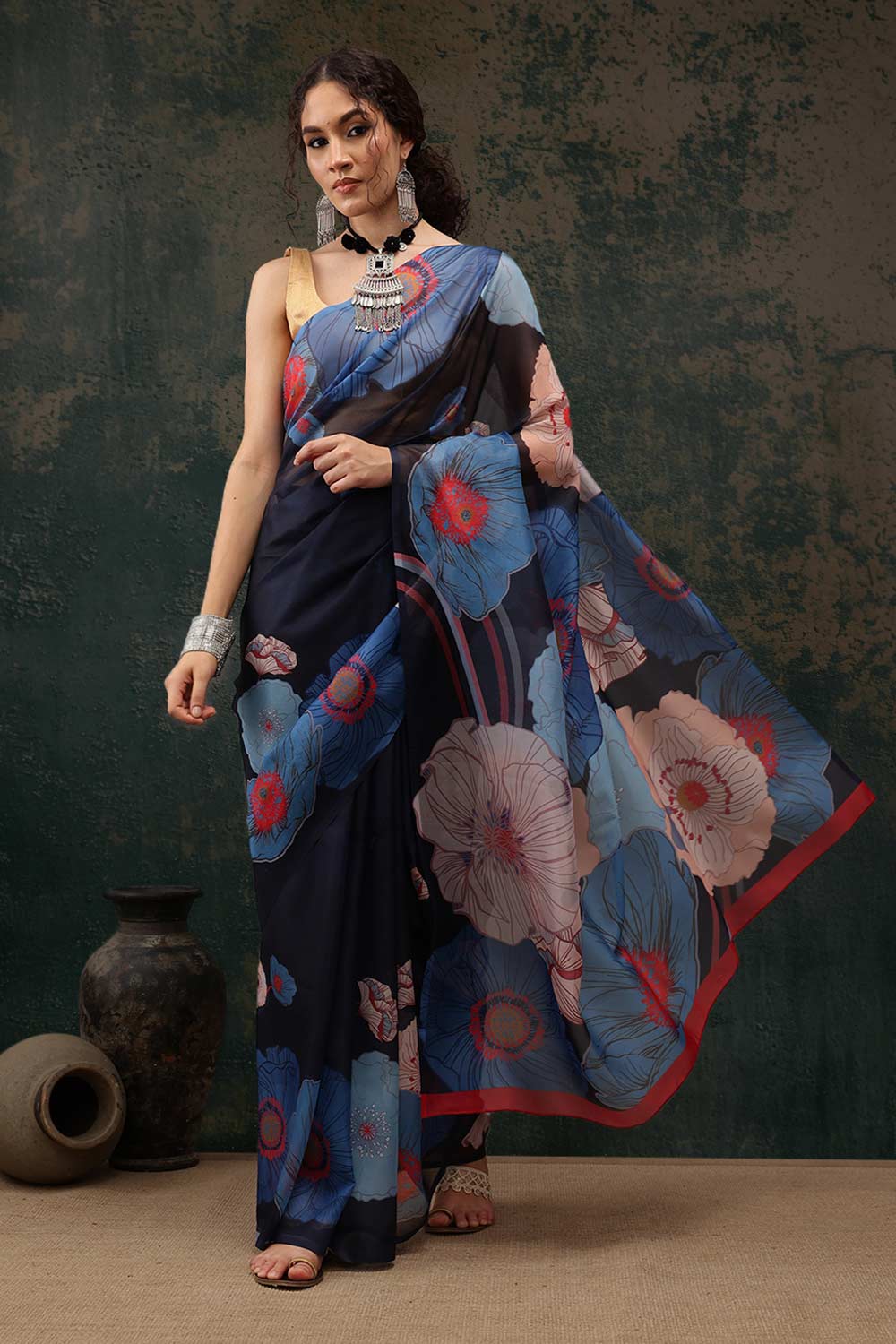 Navy Blue Polyester Printed Saree