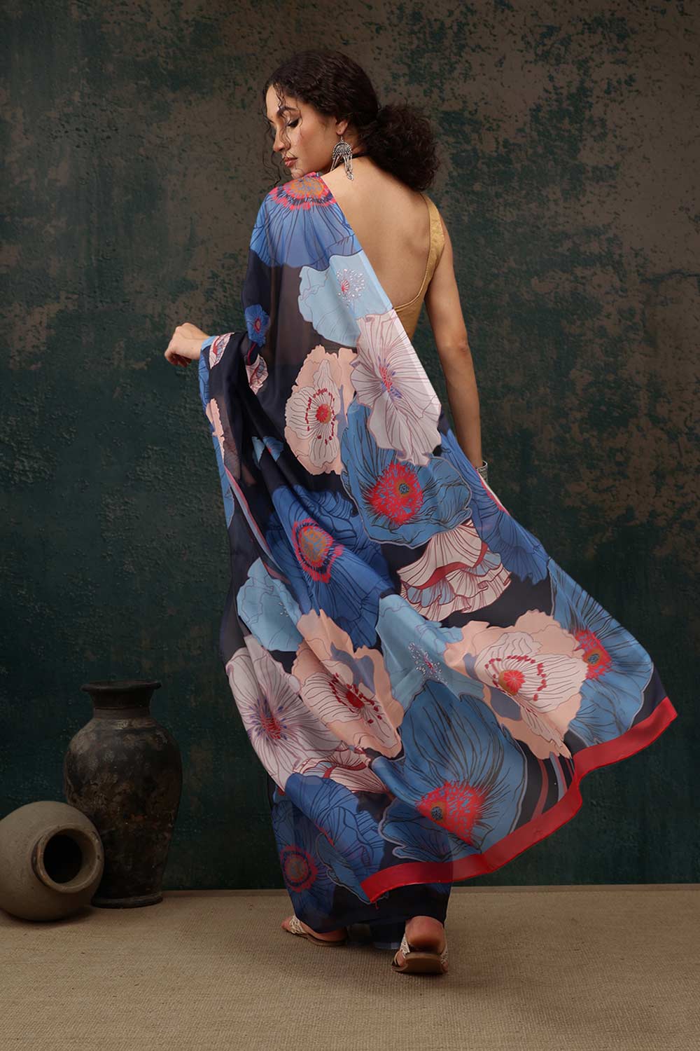 Navy Blue Polyester Printed Saree