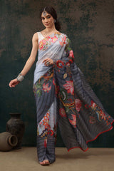 Sky Blue Polyester Printed Saree