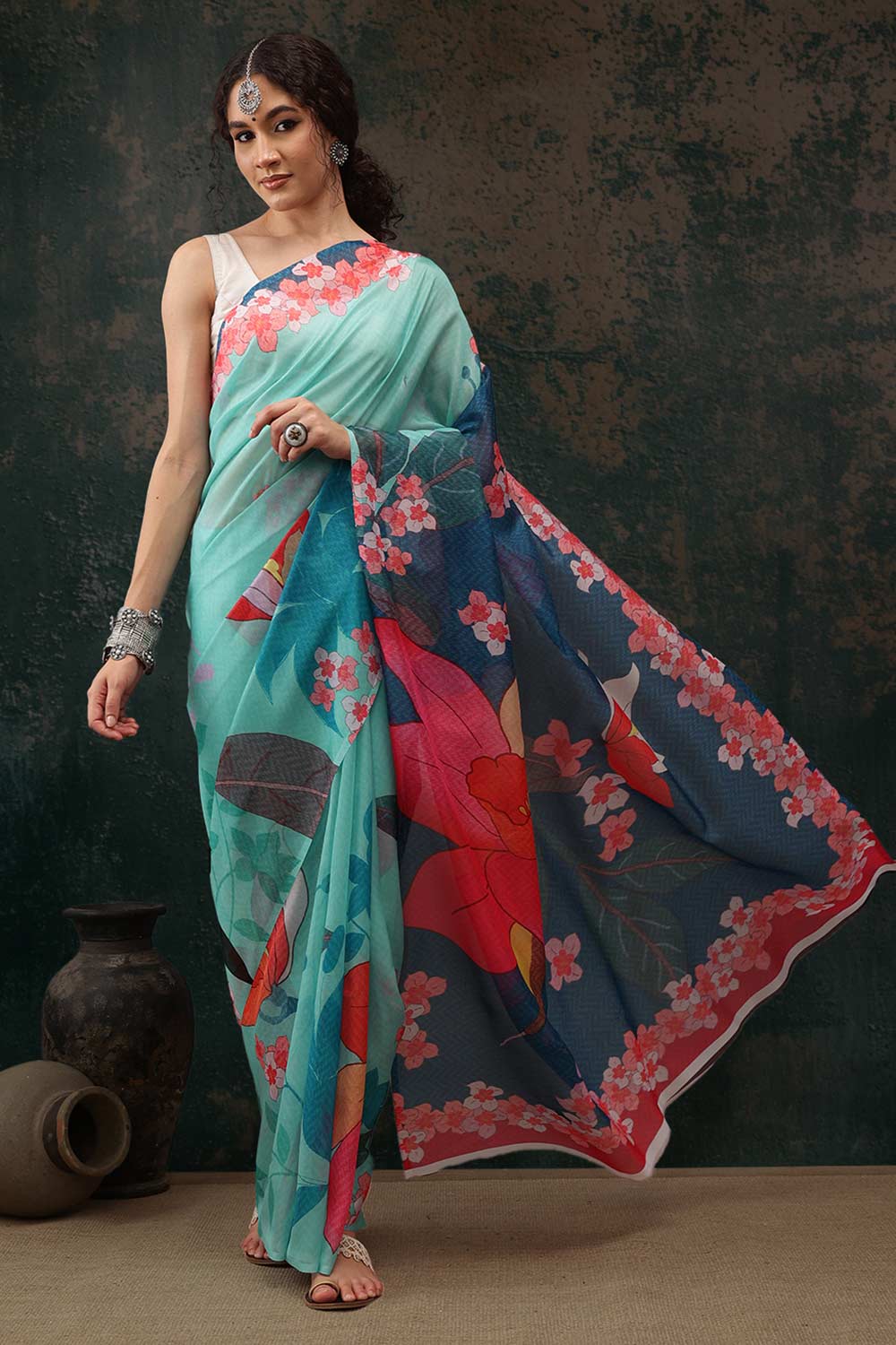 Teal Polyester Printed Saree