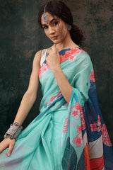 Teal Polyester Printed Saree