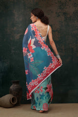 Teal Polyester Printed Saree