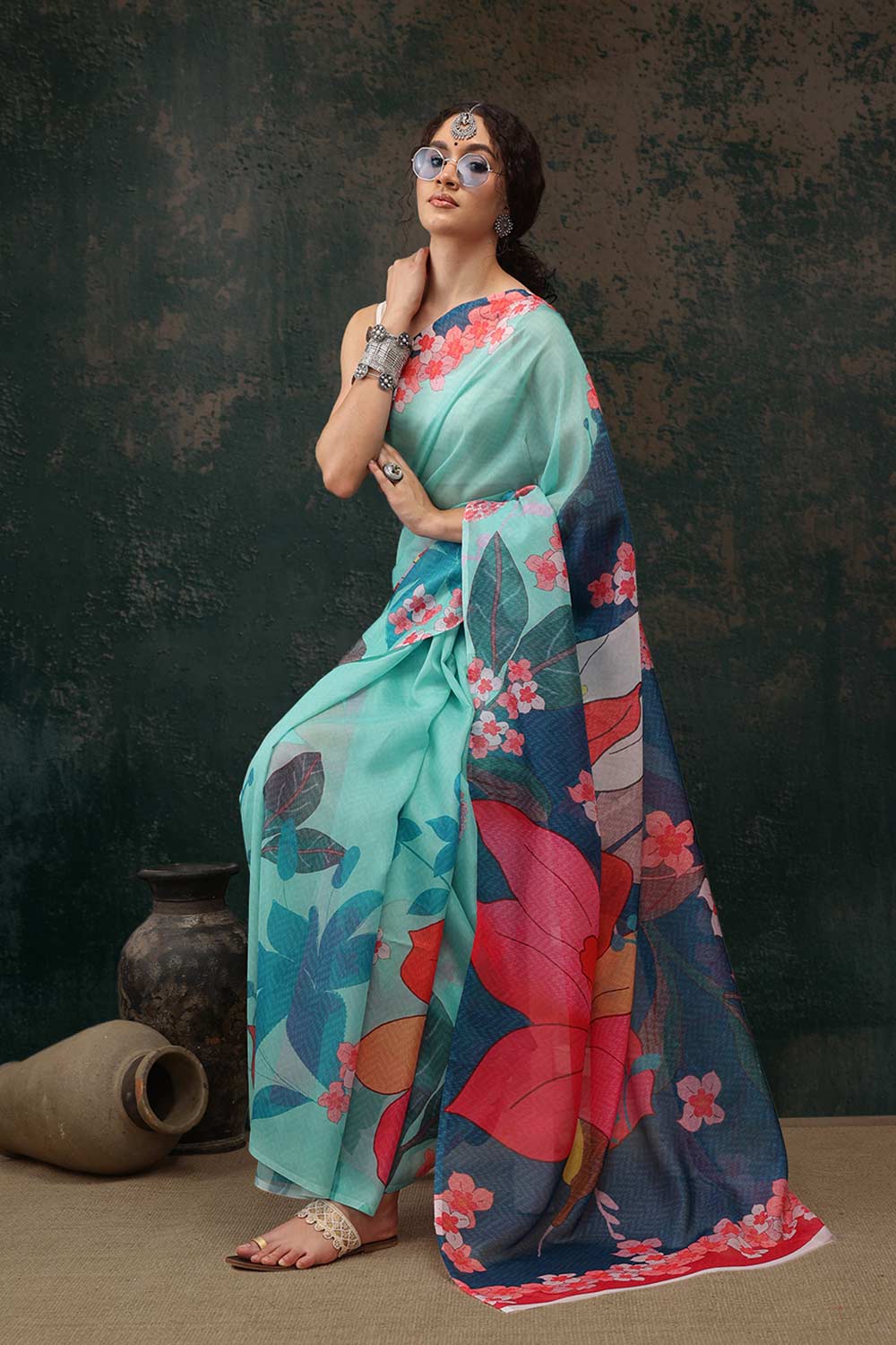 Teal Polyester Printed Saree