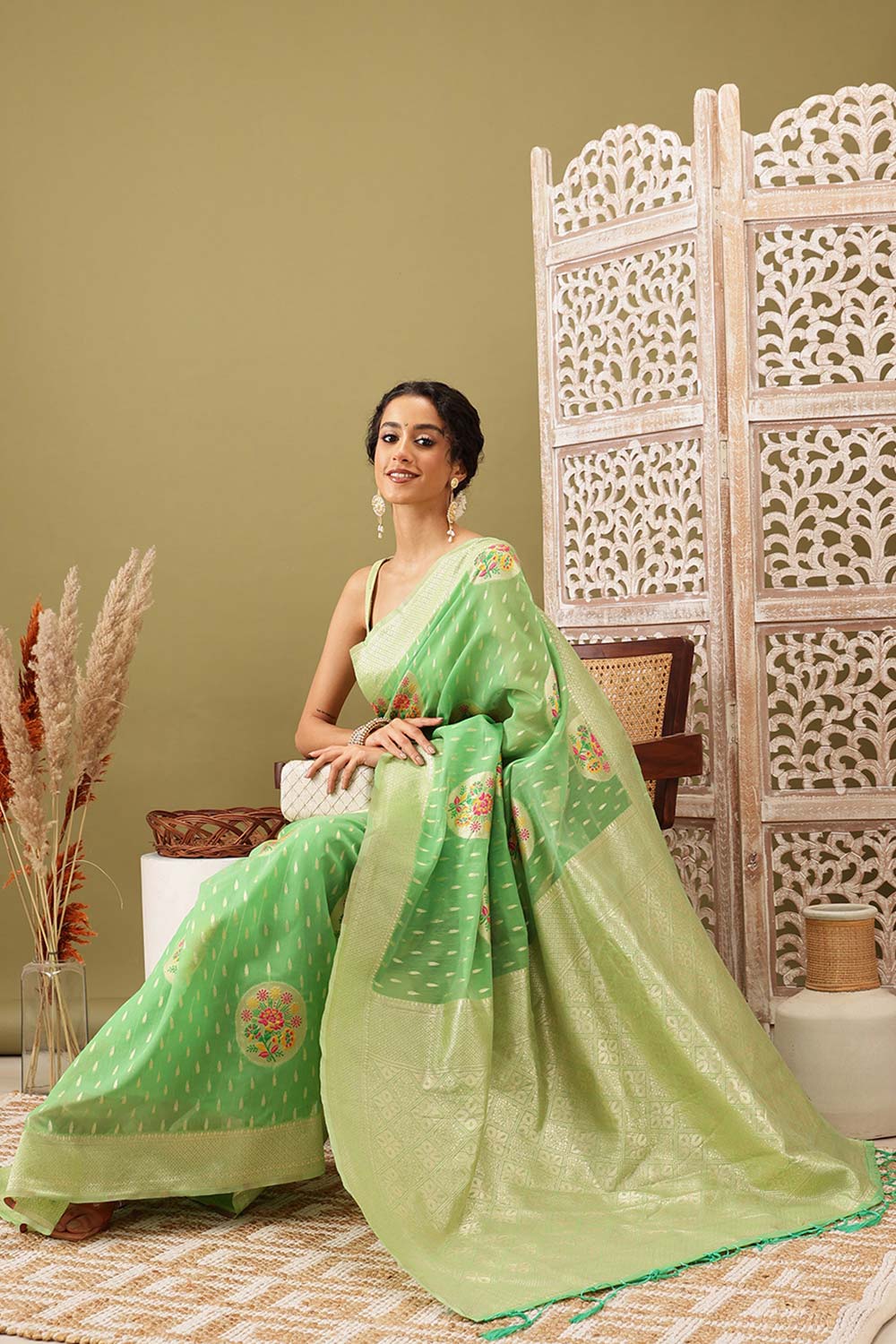 Green Cotton Woven Thread Meenakari Saree