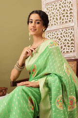 Green Cotton Woven Thread Meenakari Saree