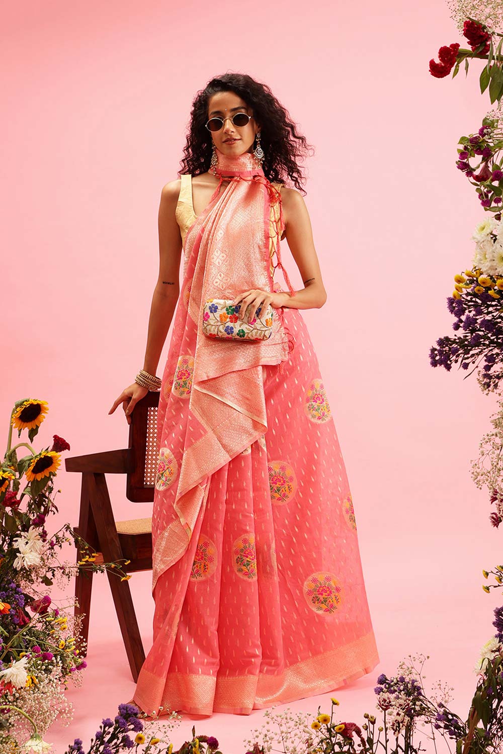 Pink Cotton Woven Thread Meenakari Saree