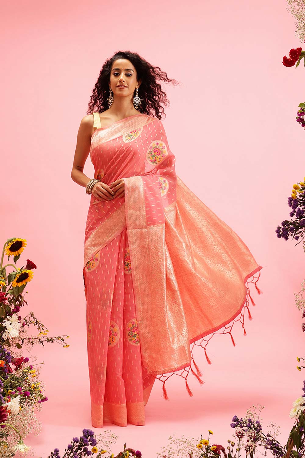 Pink Cotton Woven Thread Meenakari Saree