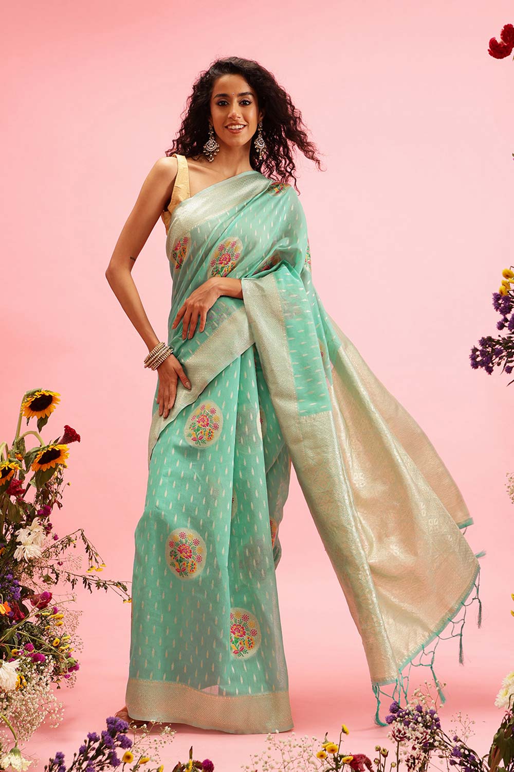 Teal Cotton Woven Thread Meenakari Saree