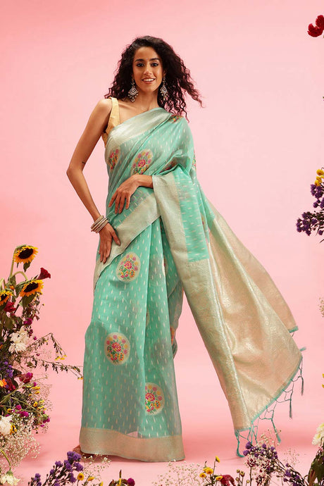 Teal Cotton Woven Thread Meenakari Saree