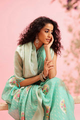 Teal Cotton Woven Thread Meenakari Saree