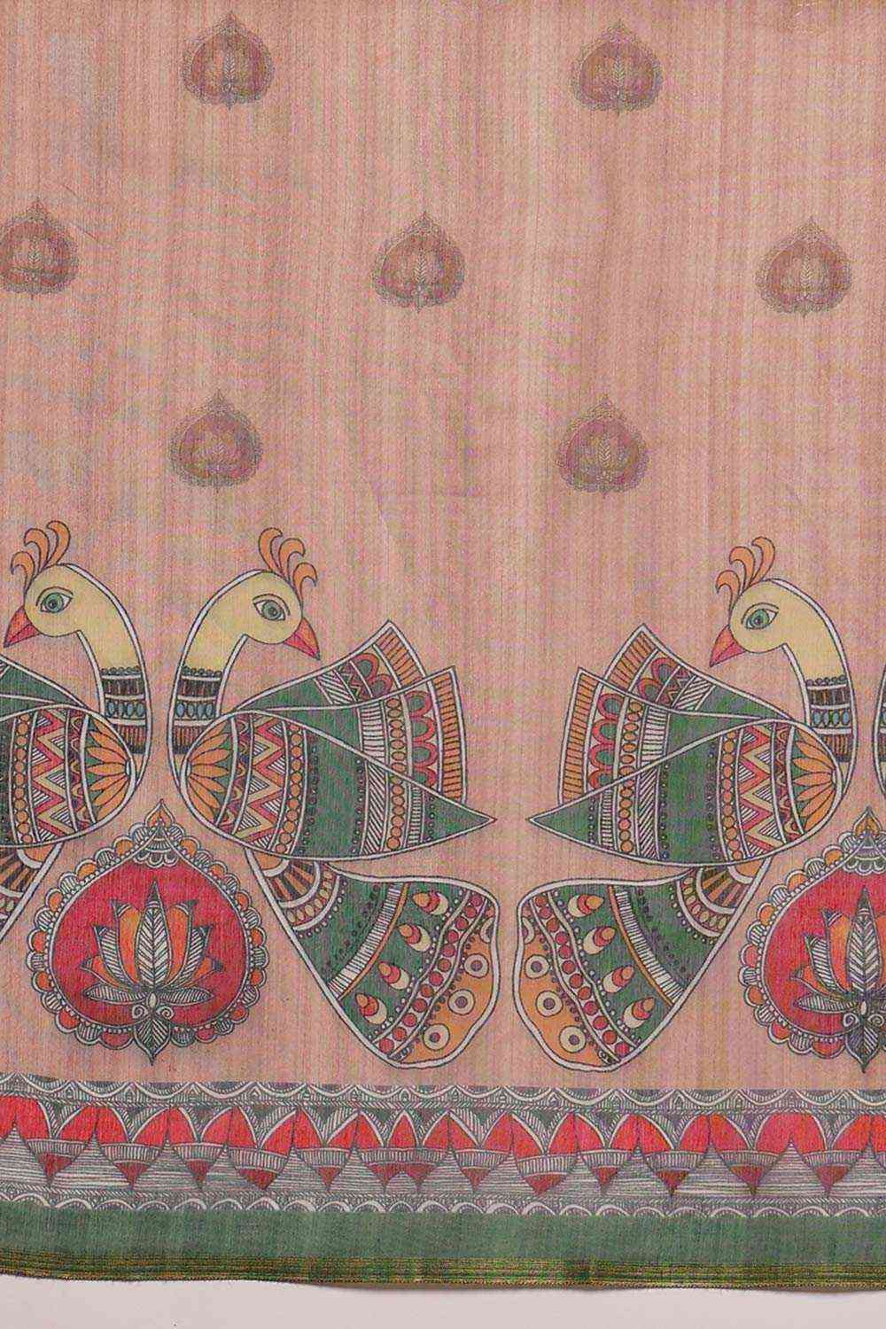 Peach Cotton Blend Printed Madhubani Saree