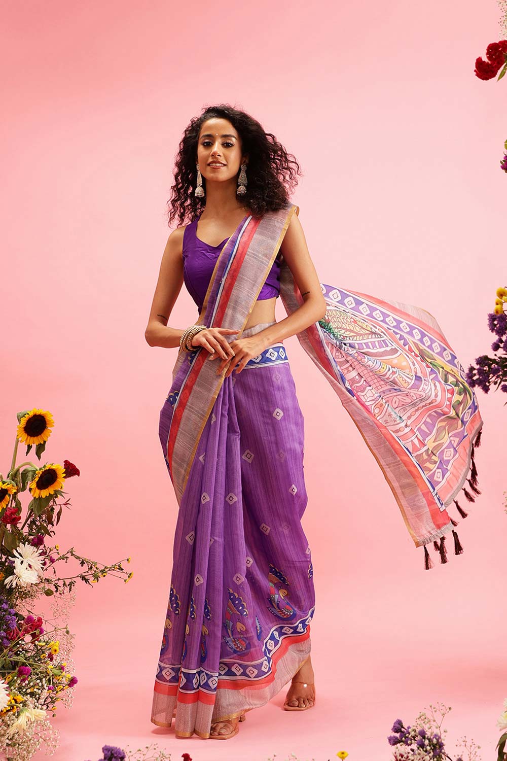 Purple Cotton Blend Printed Madhubani Saree