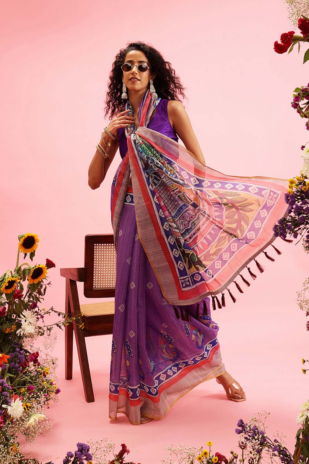 Purple Cotton Blend Printed Madhubani Saree