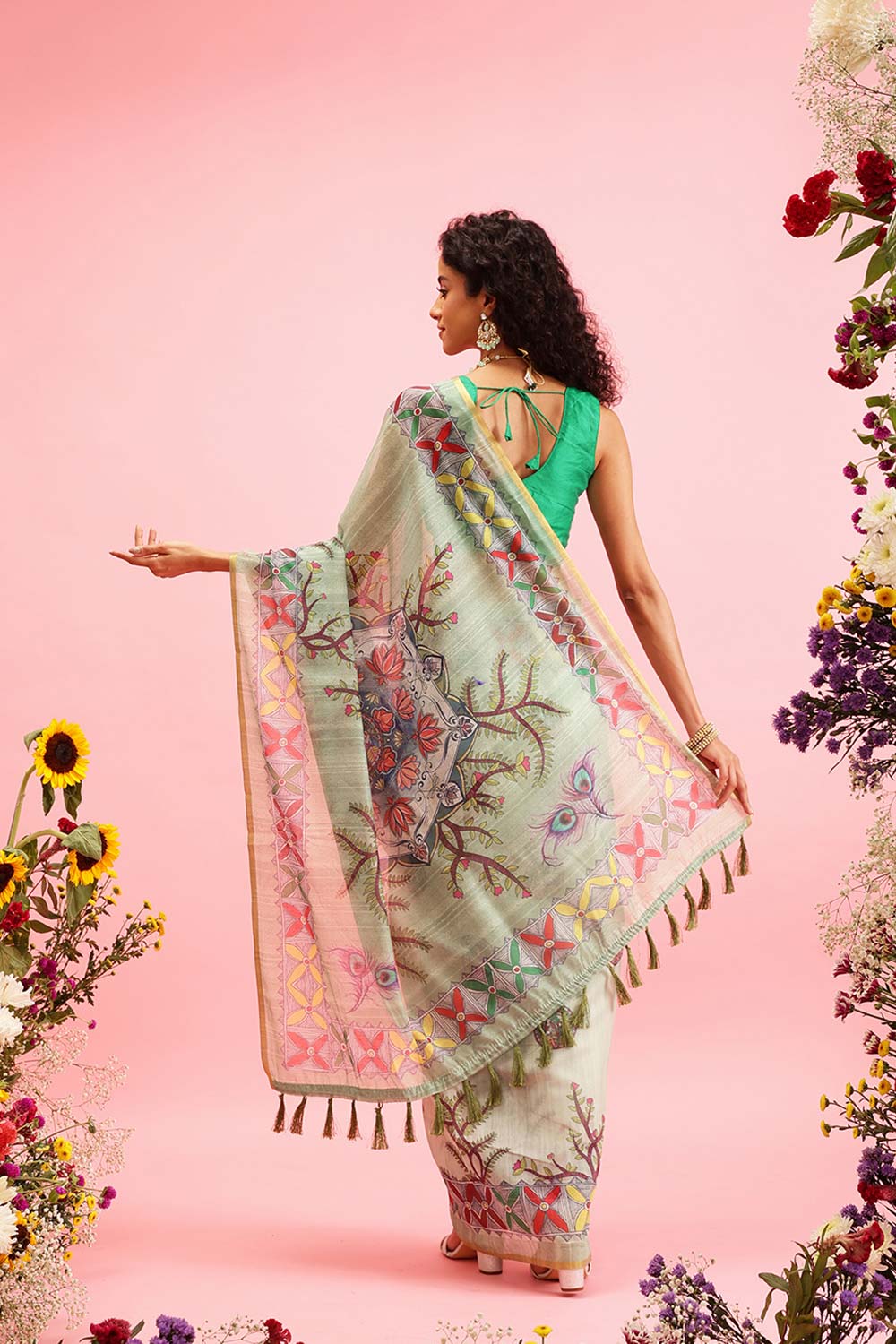 Green Cotton Blend Printed Madhubani Saree