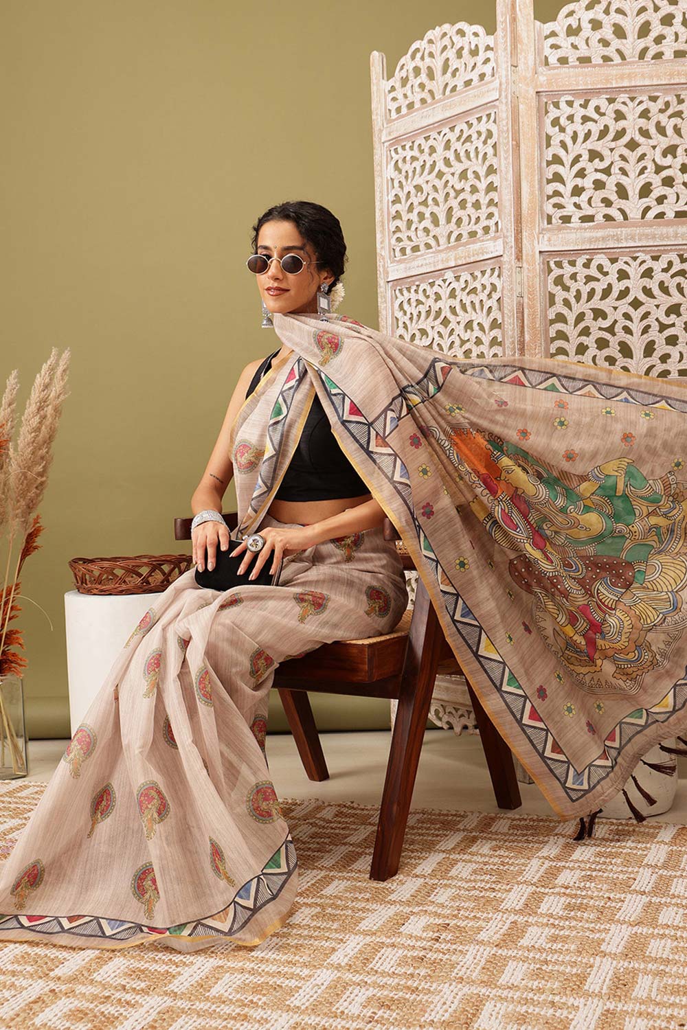 Beige Cotton Blend Printed Madhubani Saree