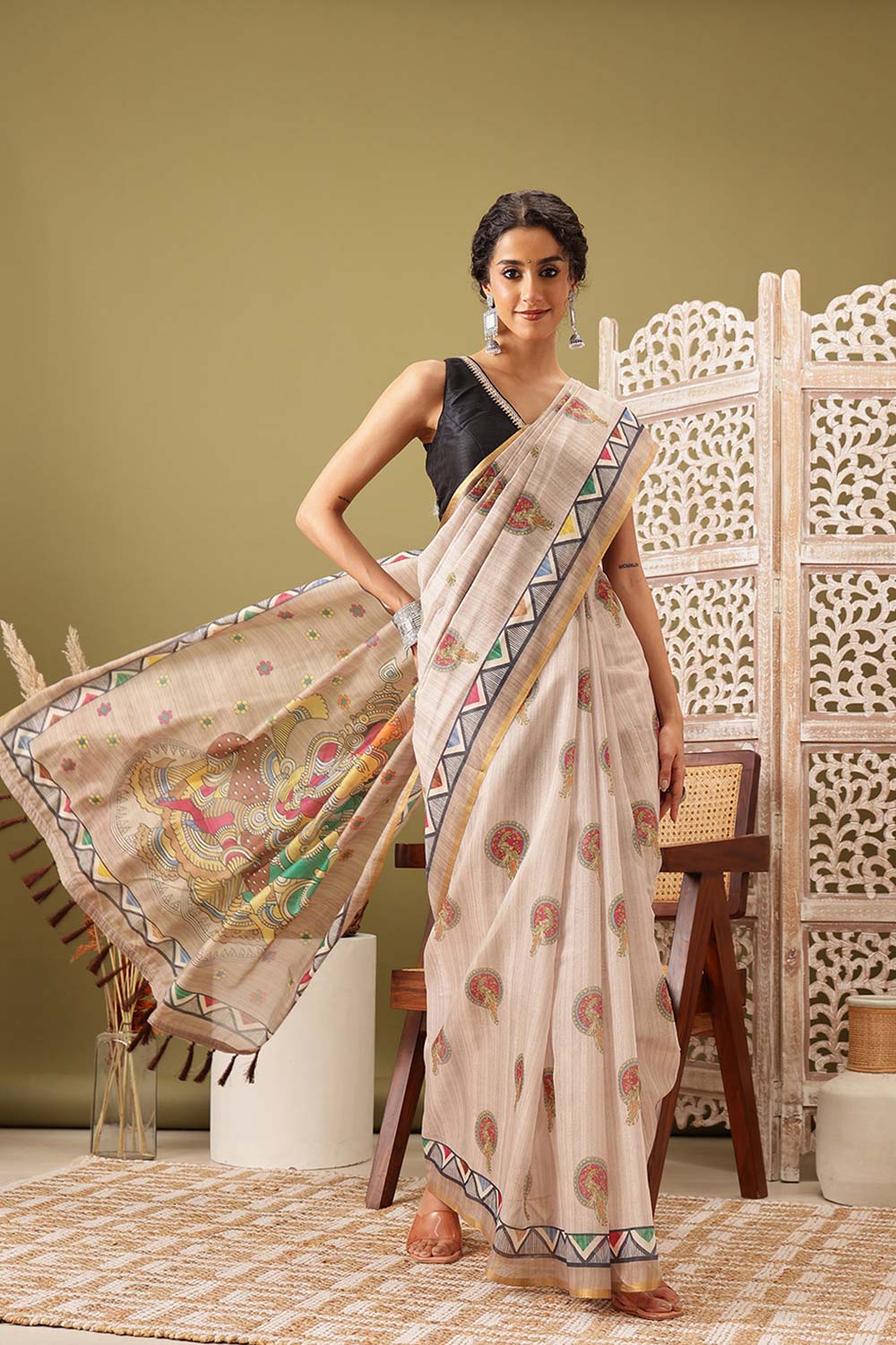 Beige Cotton Blend Printed Madhubani Saree