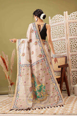 Beige Cotton Blend Printed Madhubani Saree