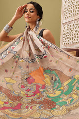 Beige Cotton Blend Printed Madhubani Saree