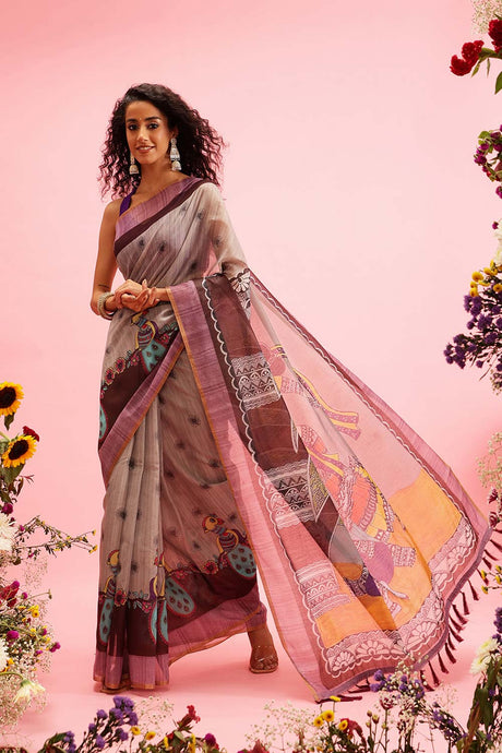 Grey Cotton Blend Printed Madhubani Saree