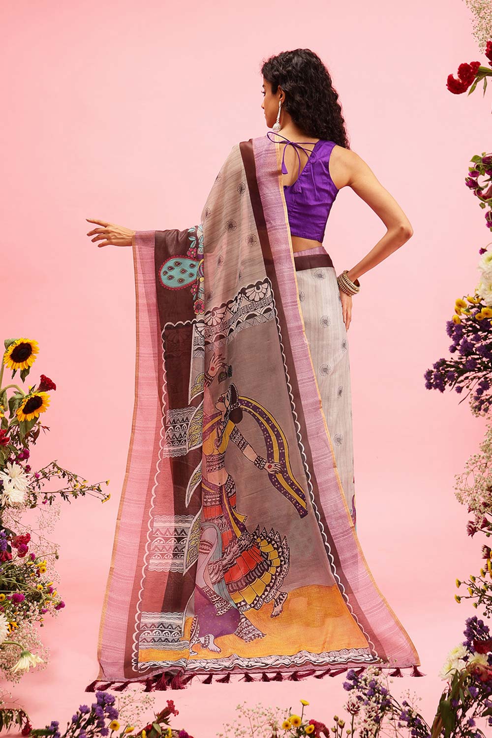 Grey Cotton Blend Printed Madhubani Saree