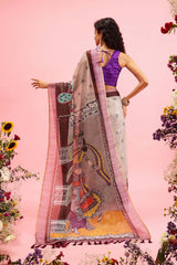 Grey Cotton Blend Printed Madhubani Saree