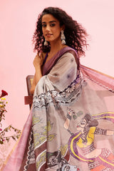 Grey Cotton Blend Printed Madhubani Saree