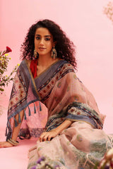 Beige Cotton Blend Printed Madhubani Saree