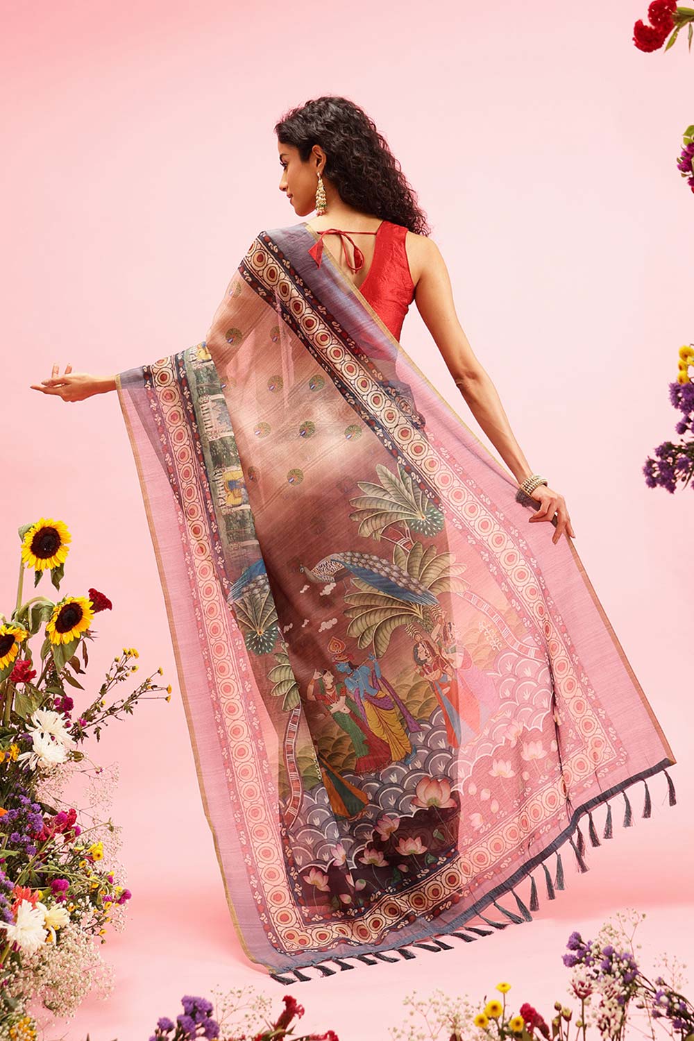 Beige Cotton Blend Printed Madhubani Saree