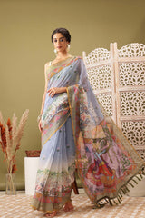 Grey Cotton Blend Printed Madhubani Saree