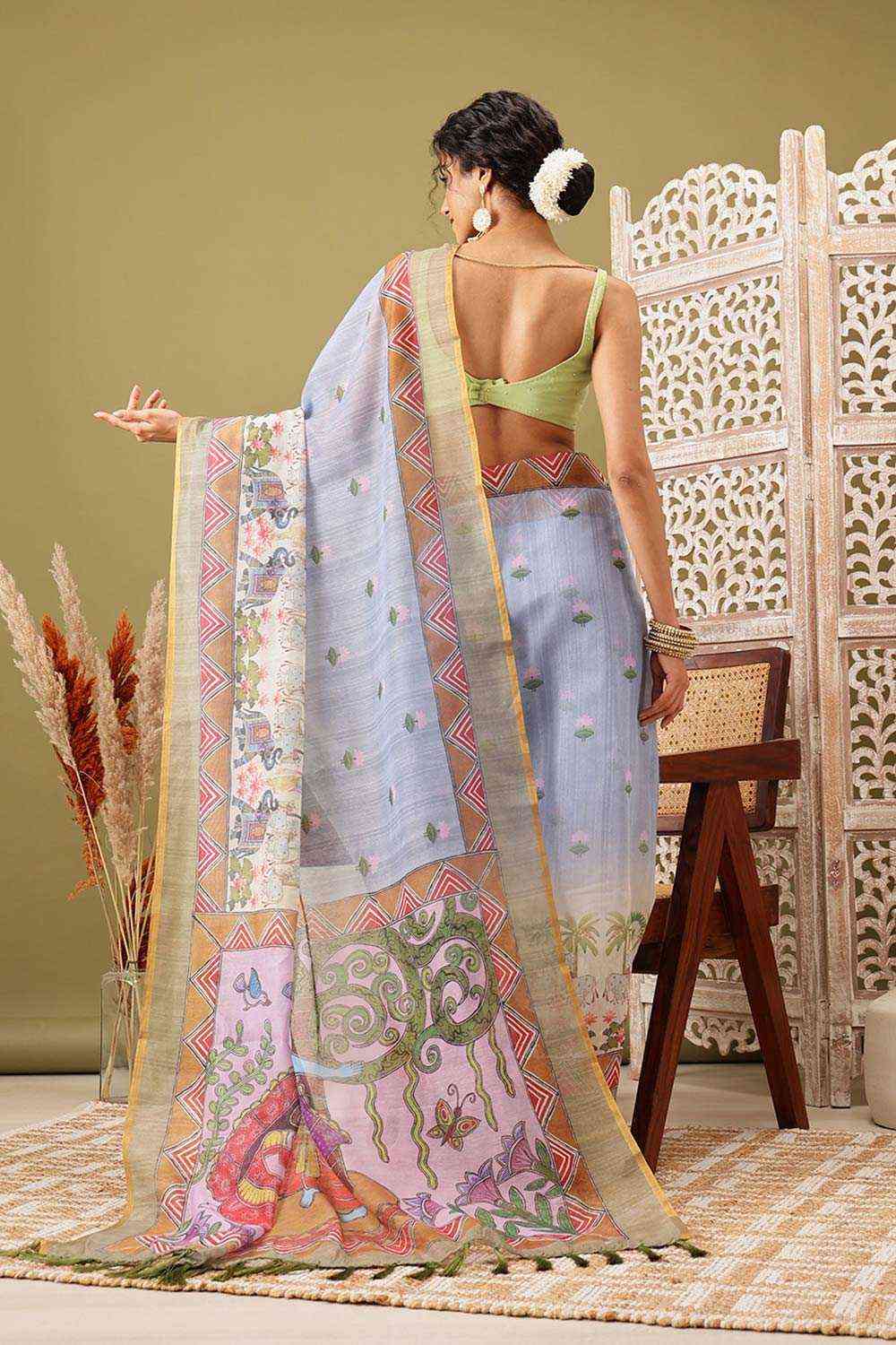 Grey Cotton Blend Printed Madhubani Saree